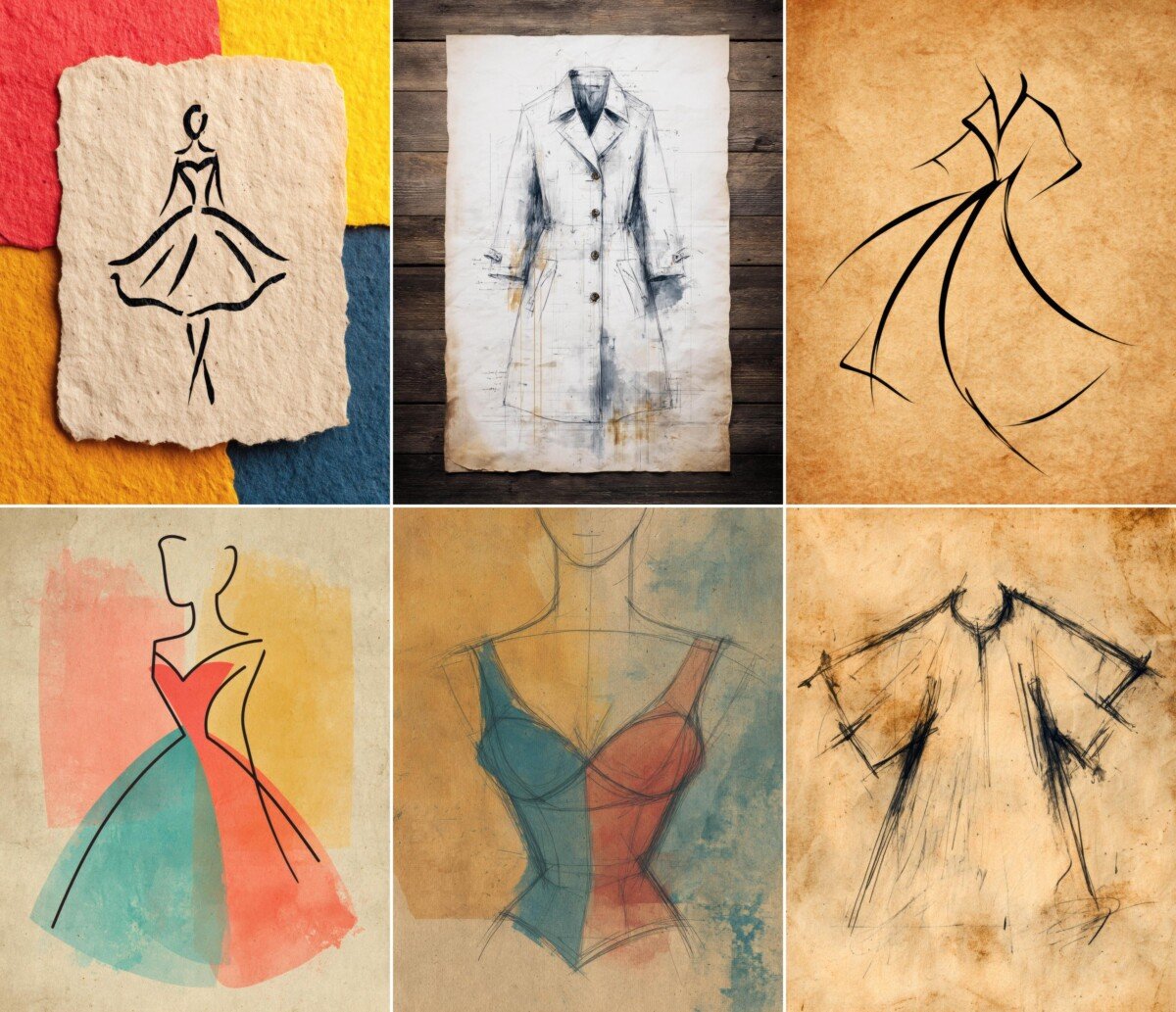 Fashion sketch scrapbook papers with dress and jacket outlines
