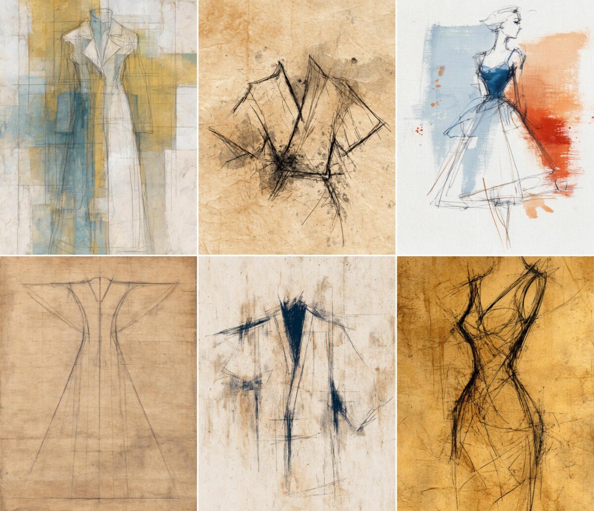 Vintage-style clothing studies with blue and ochre background blocks