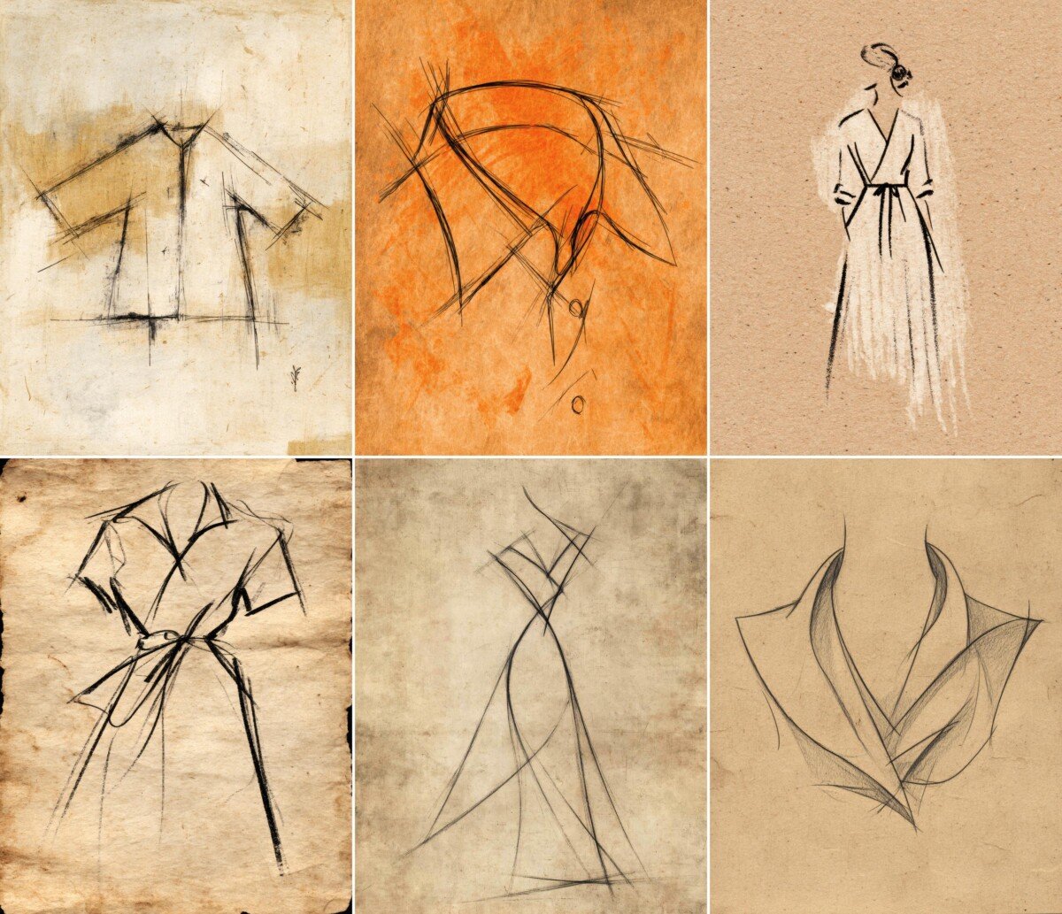 Garment line drawings on cream and orange vintage-style paper