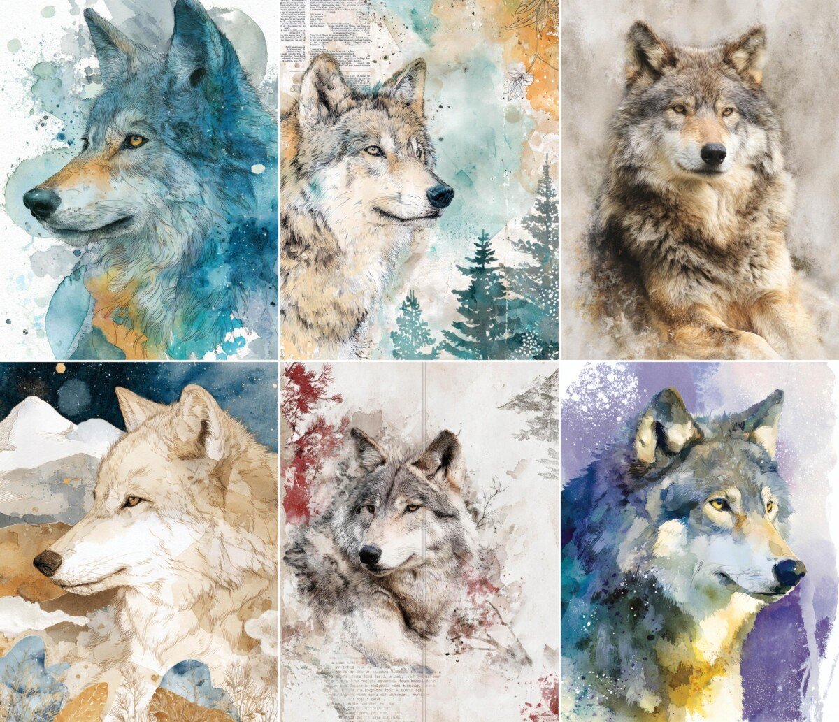 Wolf junk journal pages with beige and blue distressed backgrounds
