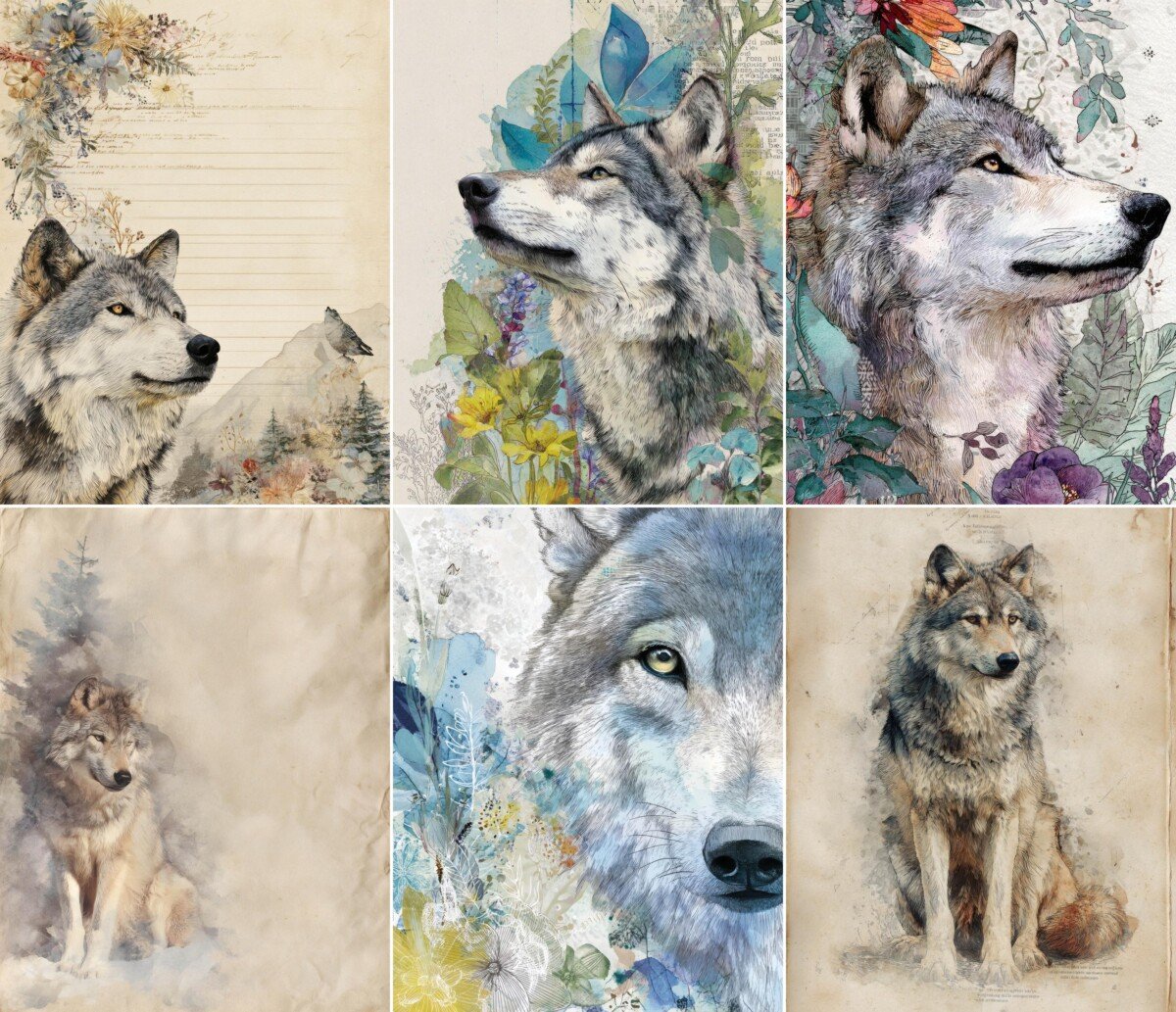 Watercolor wolf portraits with teal, gold and pink paper textures