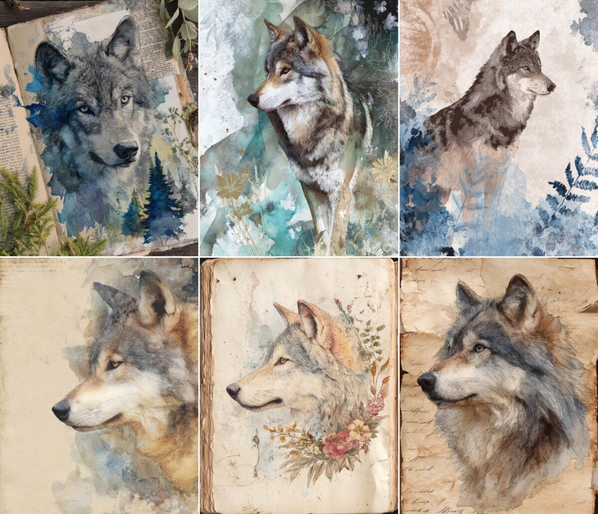Wolf portrait collage papers with blue and purple color washes