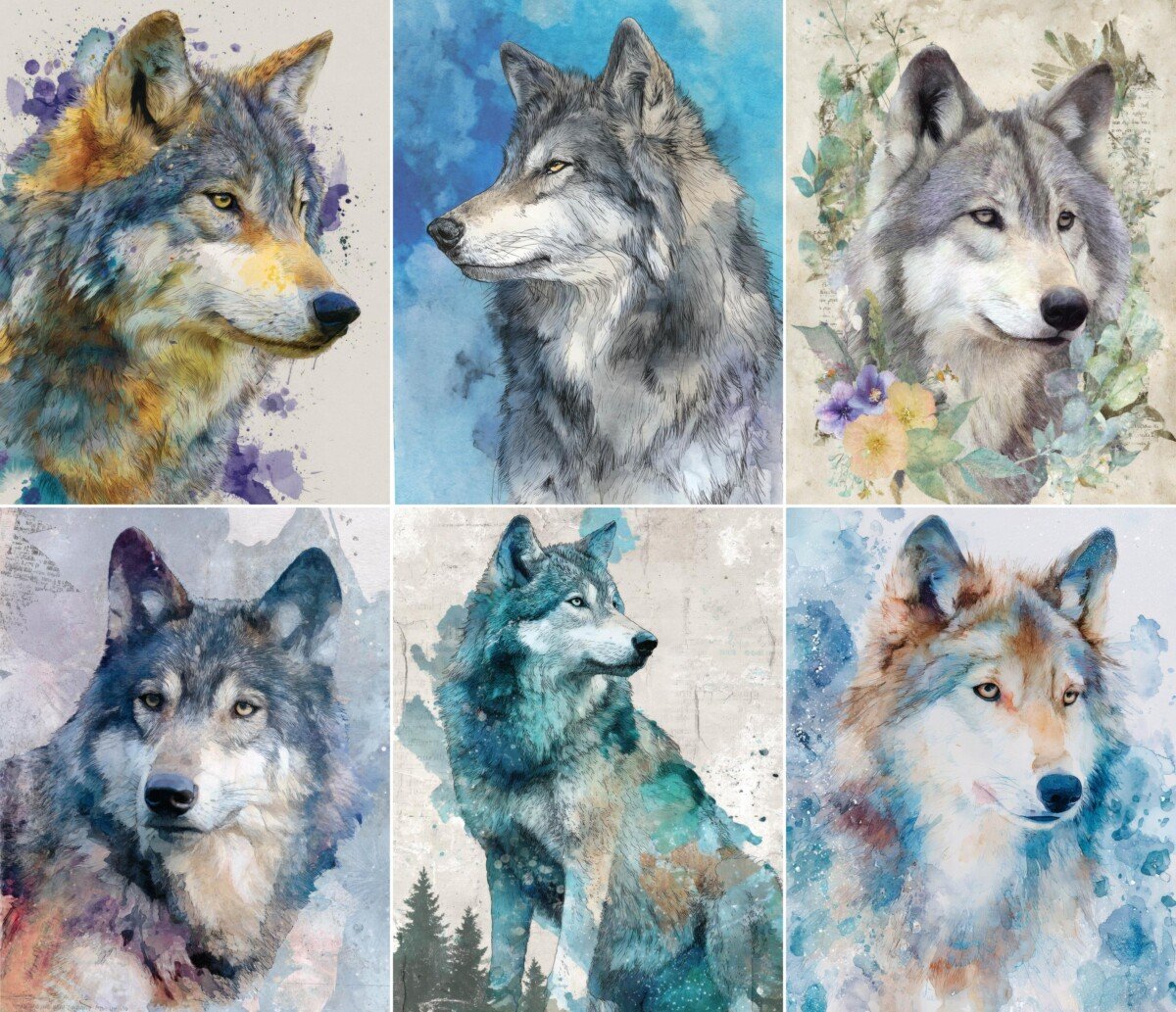 Wolf portrait scrapbook papers with vintage text and botanical details
