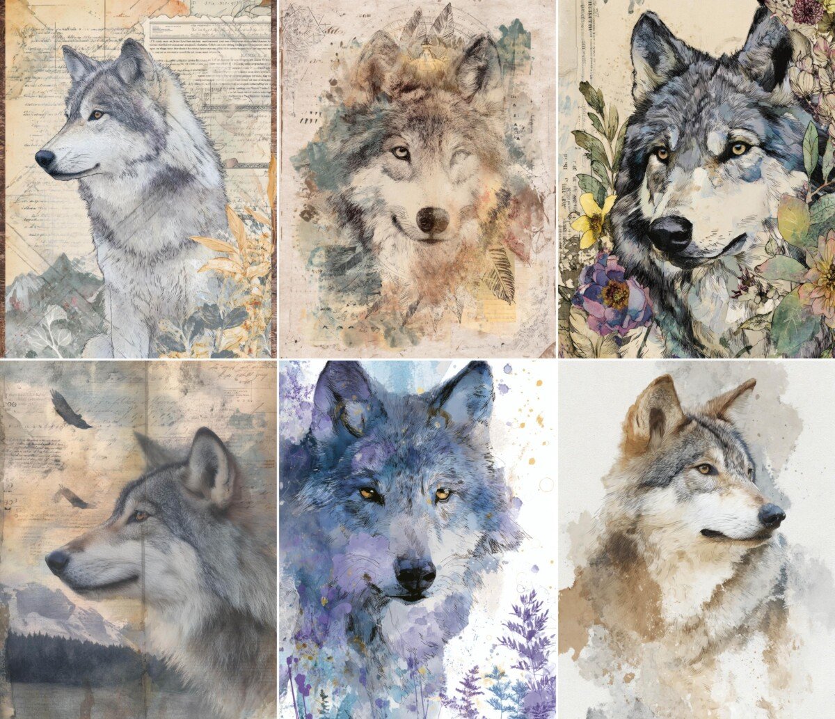Watercolor wolves against floral and leafy collage backgrounds