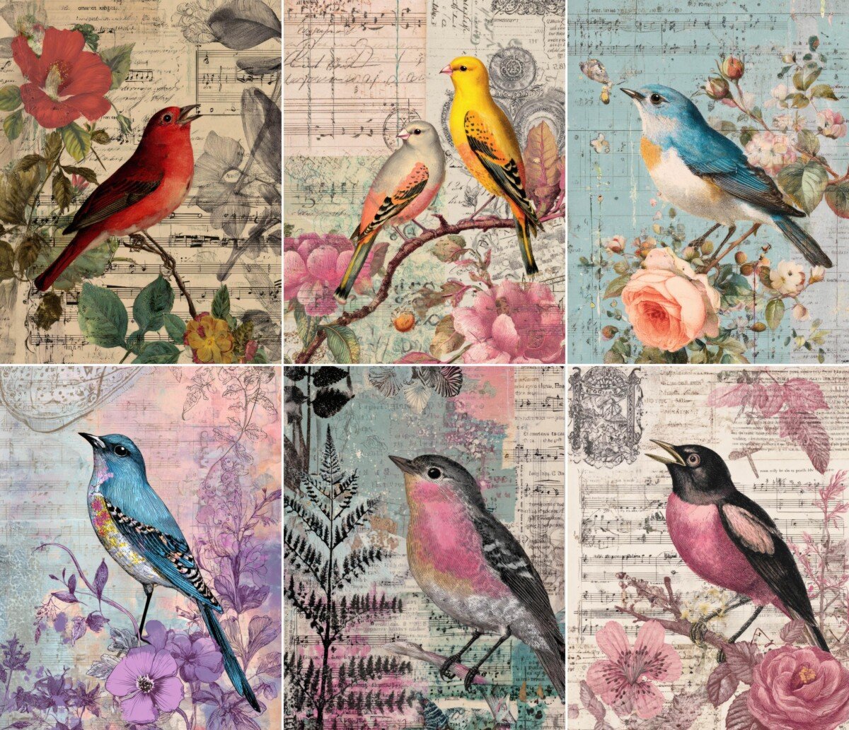 Red, yellow and blue bird journal pages with botanical accents