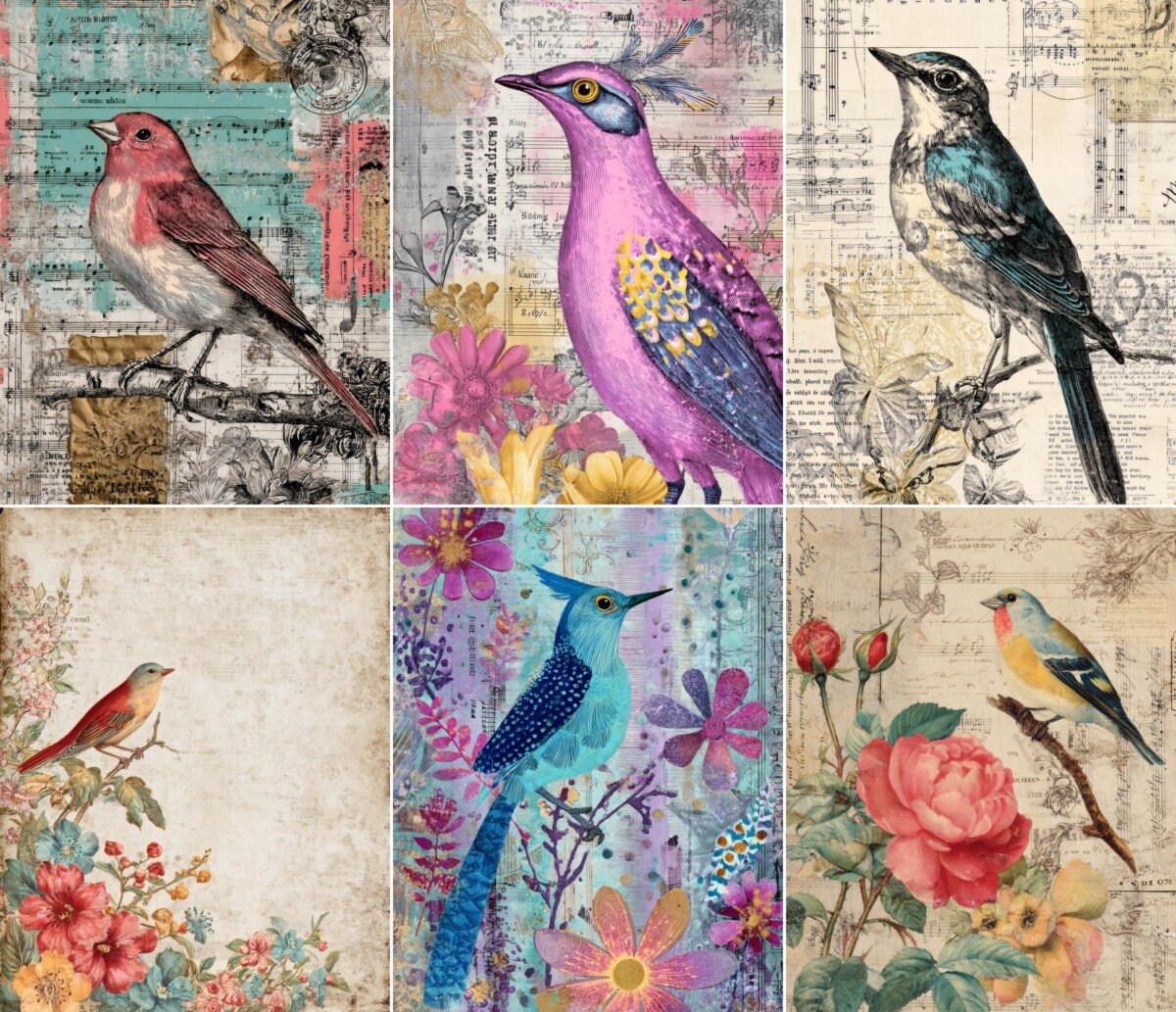 Whimsical bird junk journal pages with colorful plumage and vintage floral collage