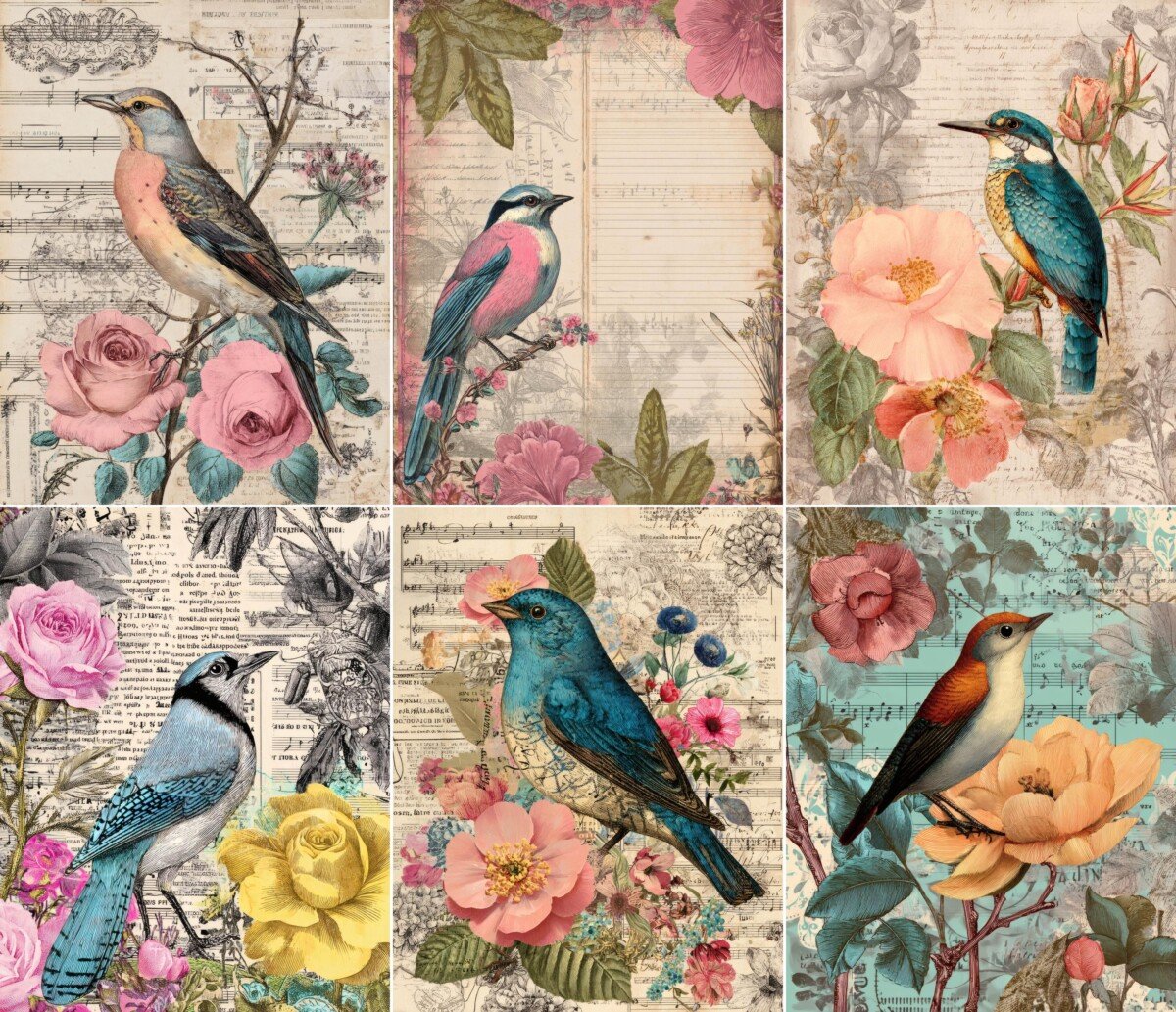 Bird illustrations on faded floral and handwritten paper backgrounds