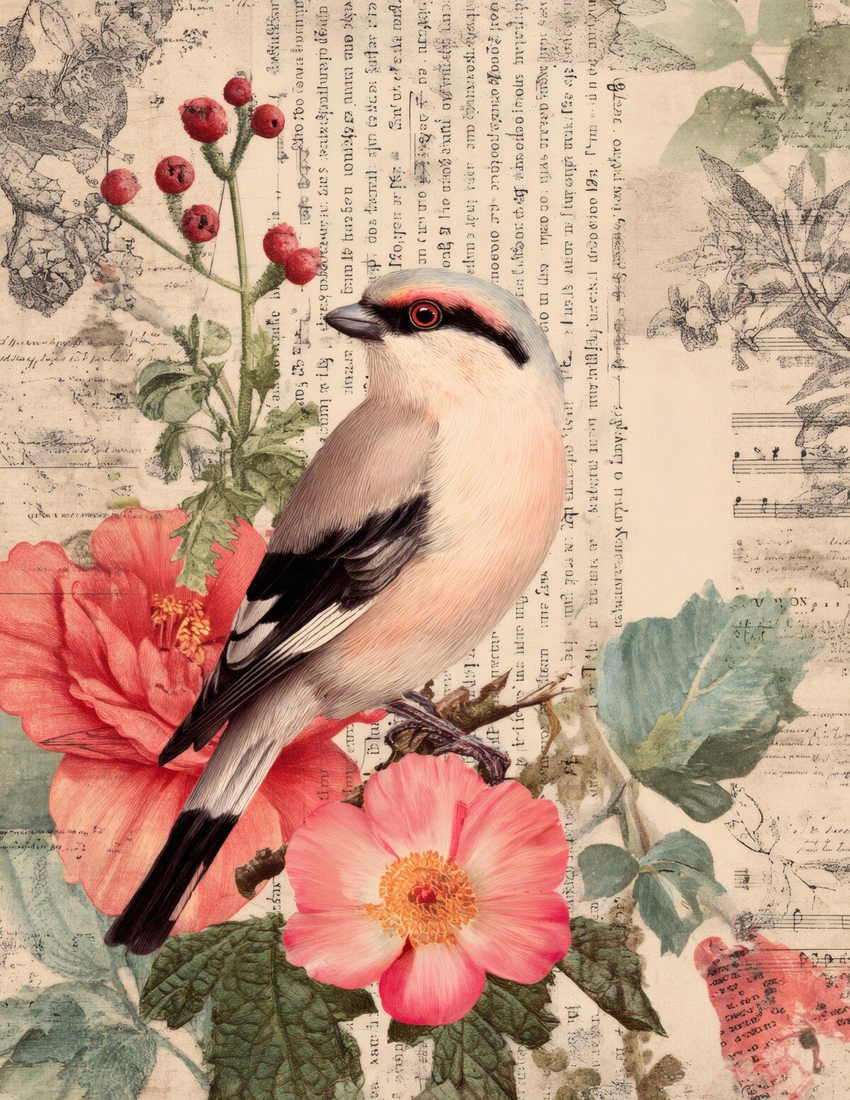 Pink bird with red berries and faded book paper
