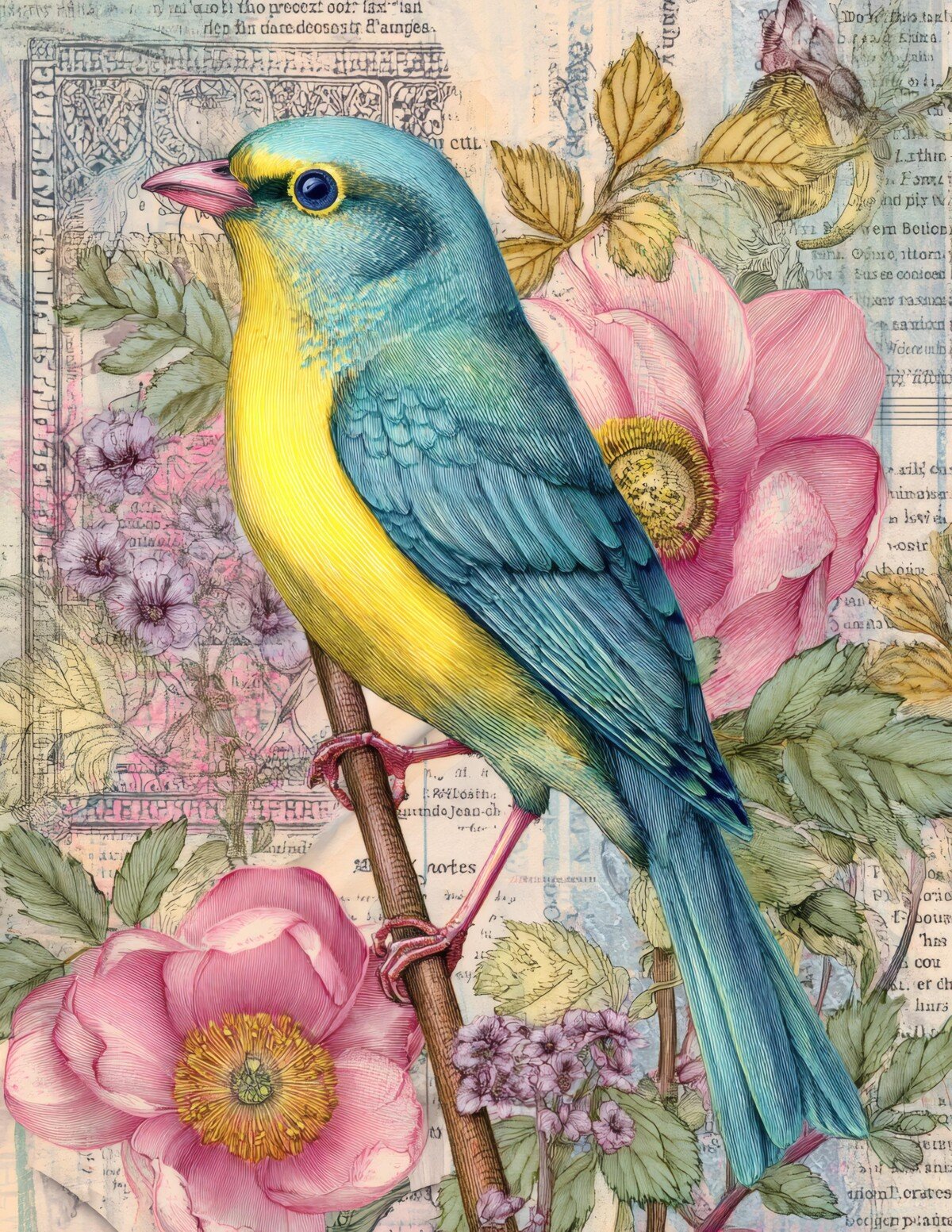 Blue and yellow bird against pink flowers and vintage text
