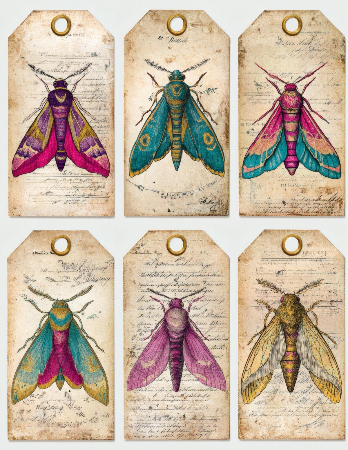 Teal and magenta moths on clipped-corner tags with printed hole details
