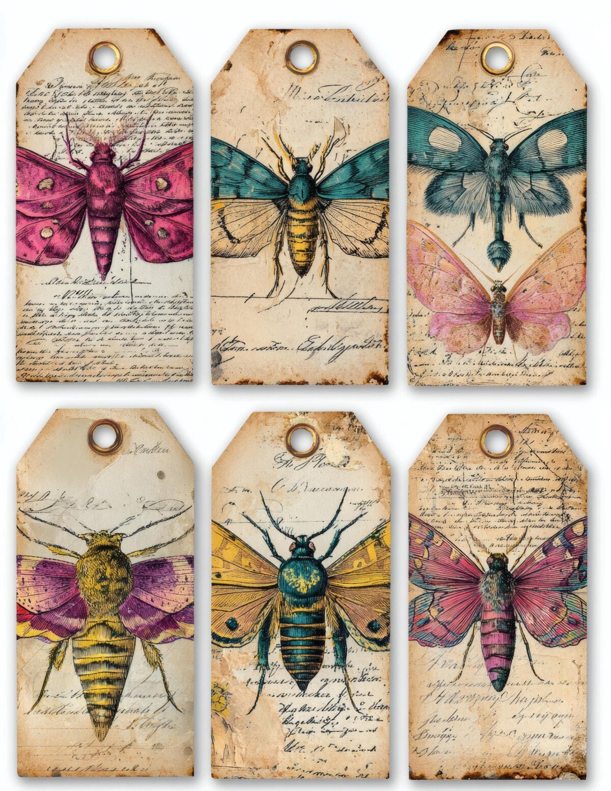 Pink and blue-green moth illustrations on weathered manuscript tags
