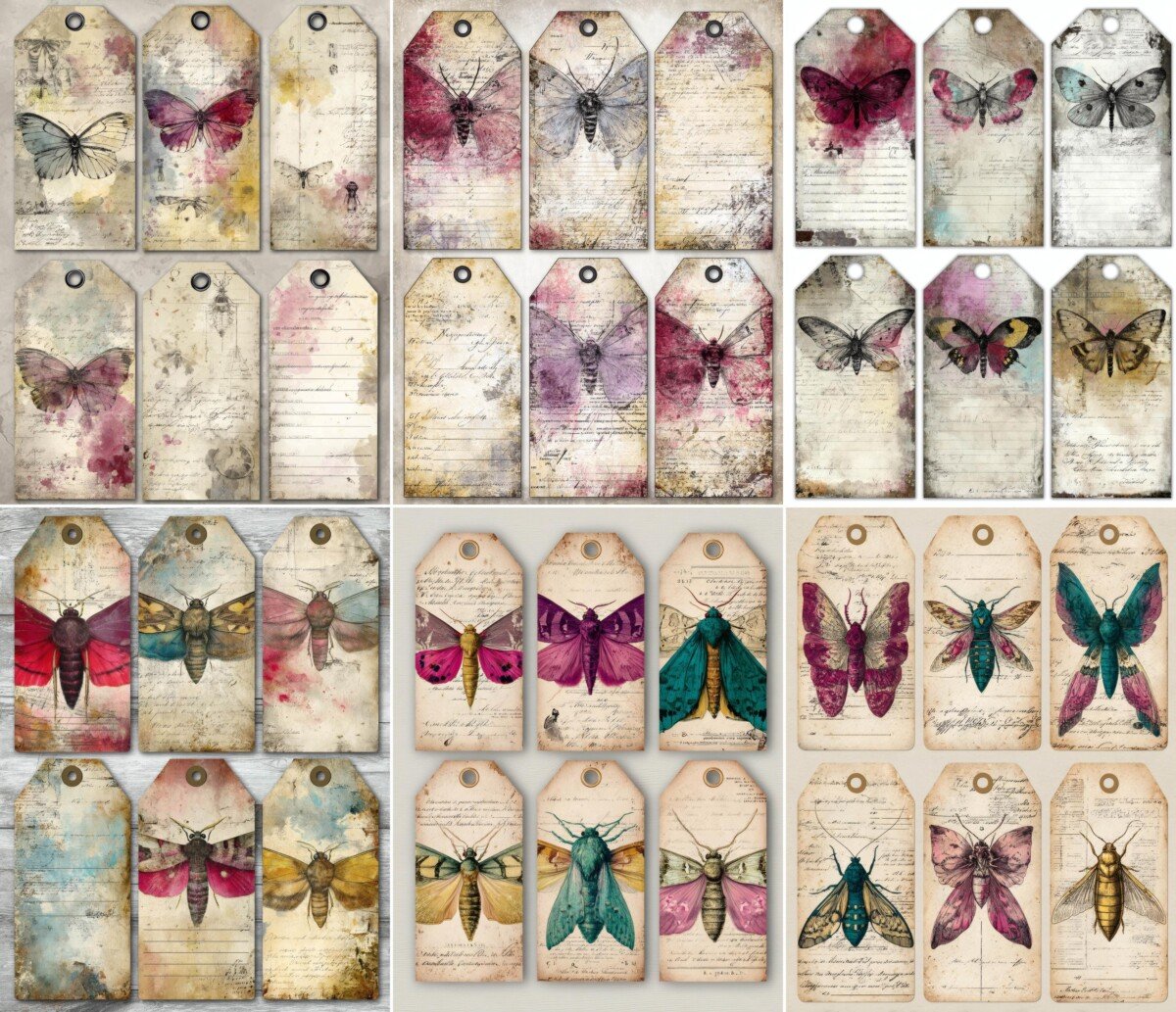 Pale parchment tags with delicate moth drawings and faded script