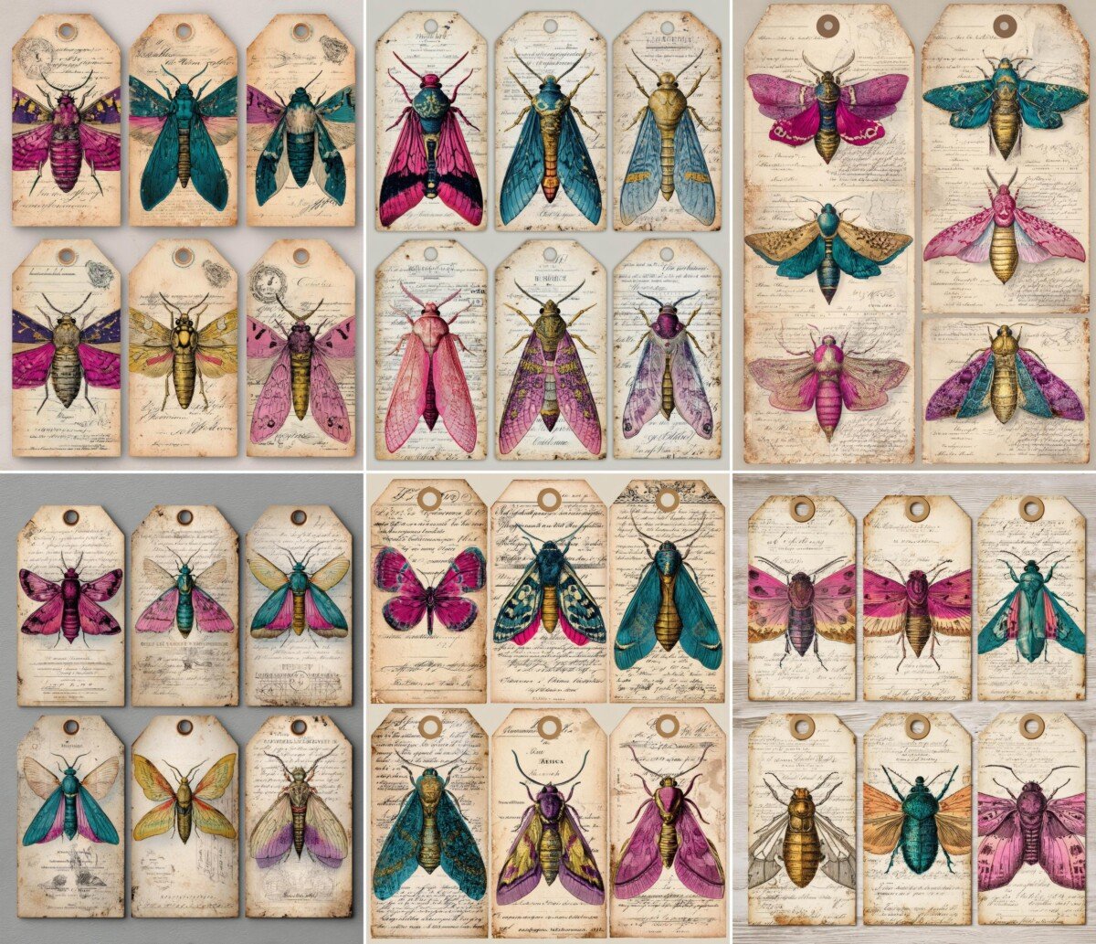 Colorful specimen-style moth tags with worn cream backgrounds