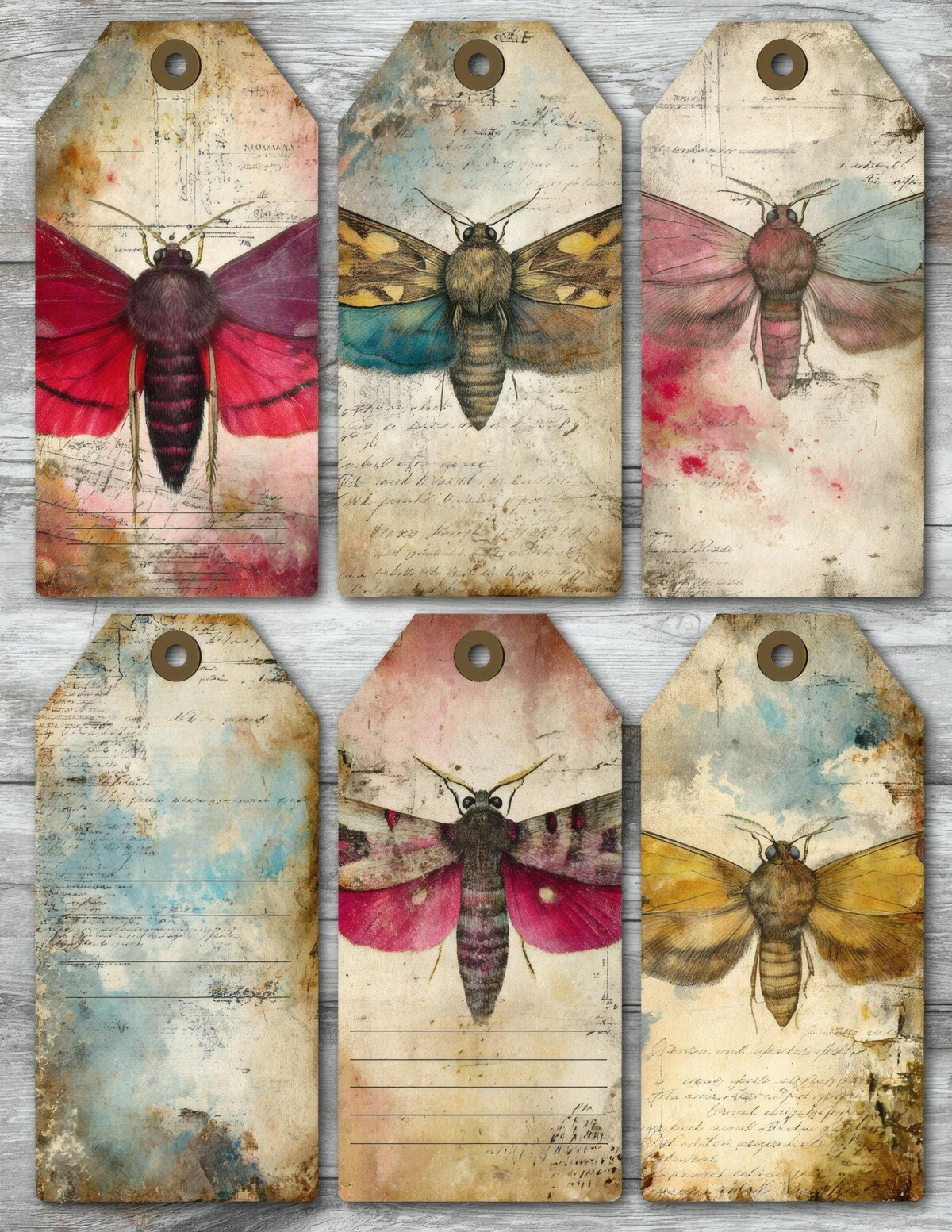 Moth tag designs with red and muted green patterned wings