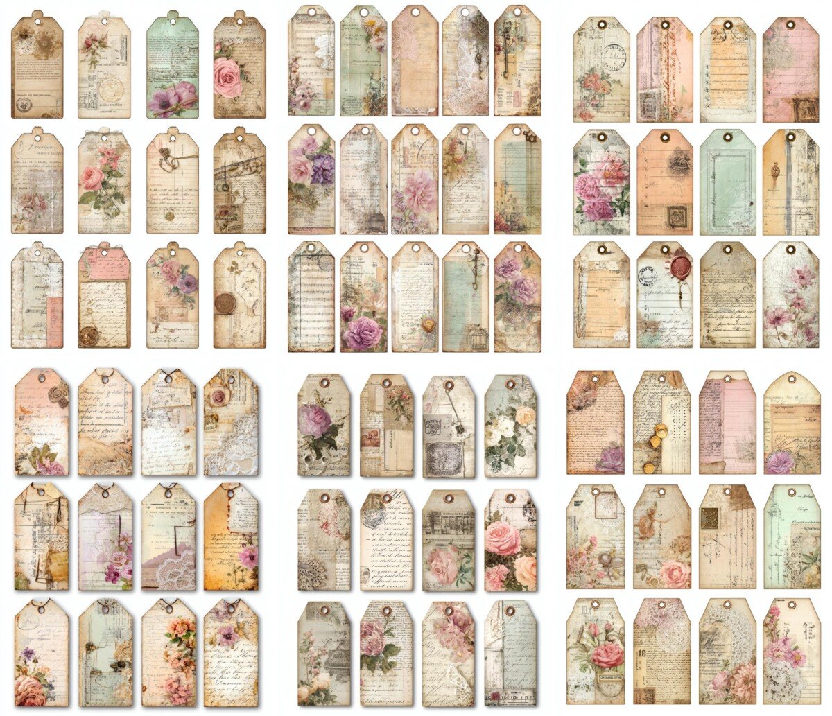 vintage – 200+ Vintage Feminine Tags Printable, Junk Journal Ephemera, Shabby Chic Collage Labels, Scrapbook Supplies, Digital Download
