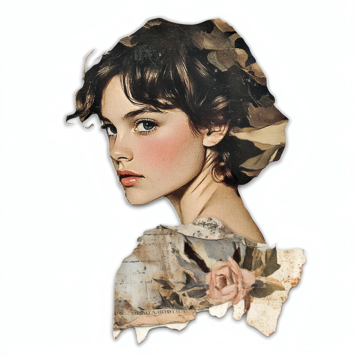 Dark-haired woman in profile with a delicate vintage collar