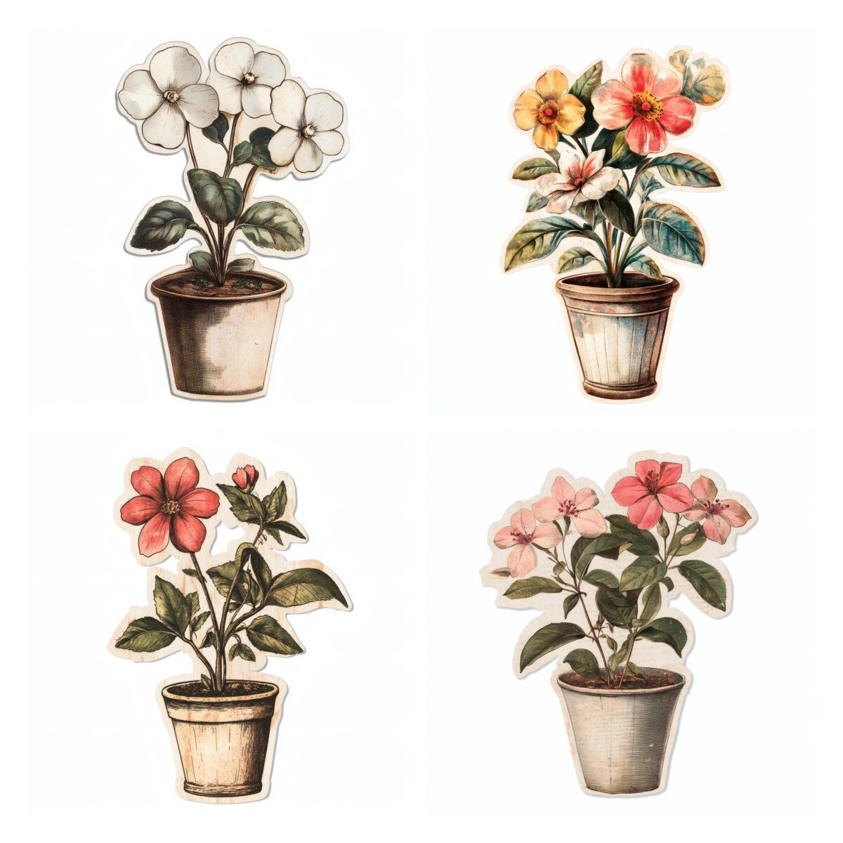 Vintage-style flower pots with cream and red blooms on white backgrounds