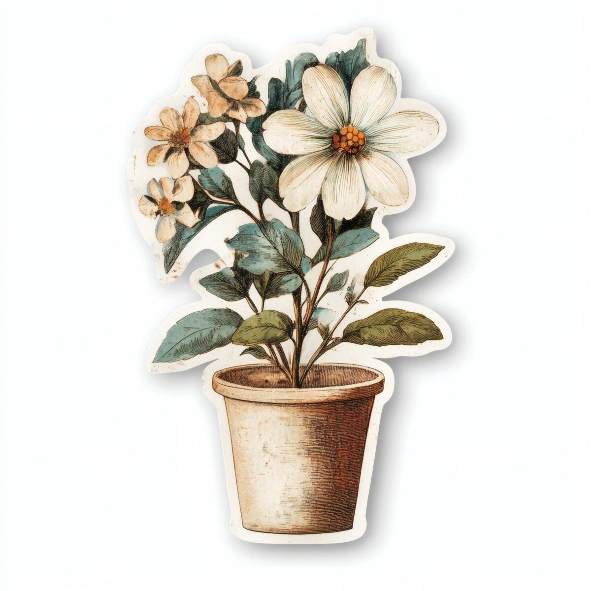 Cream flowers with green leaves in a softly shaded vintage pot
