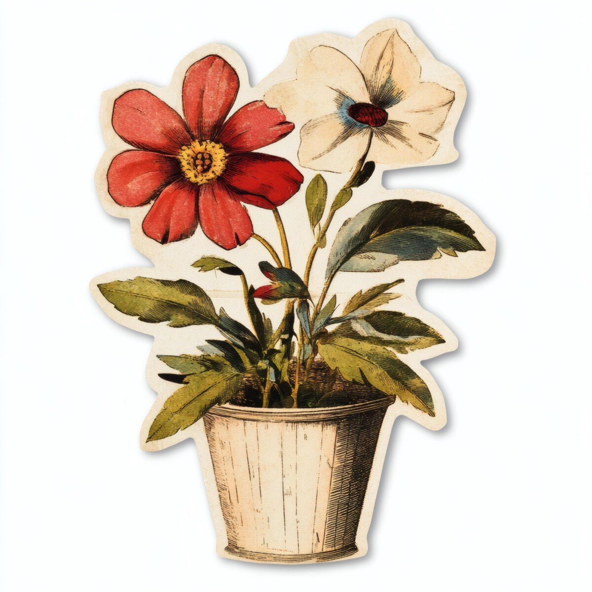 Red and cream flowers with green leaves and pale paper borders