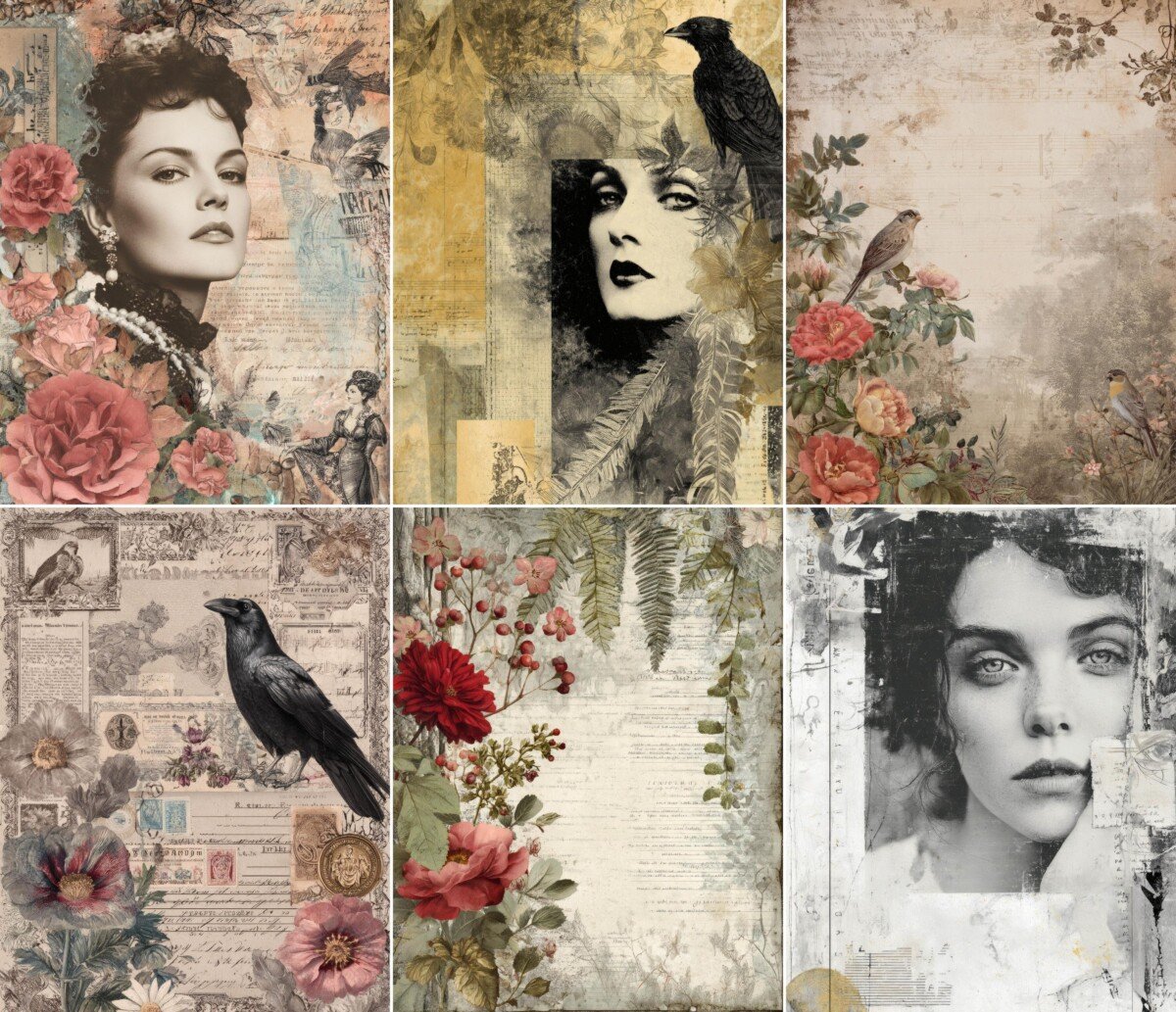 Vintage bird and floral collage scrapbook paper collection – preview 3