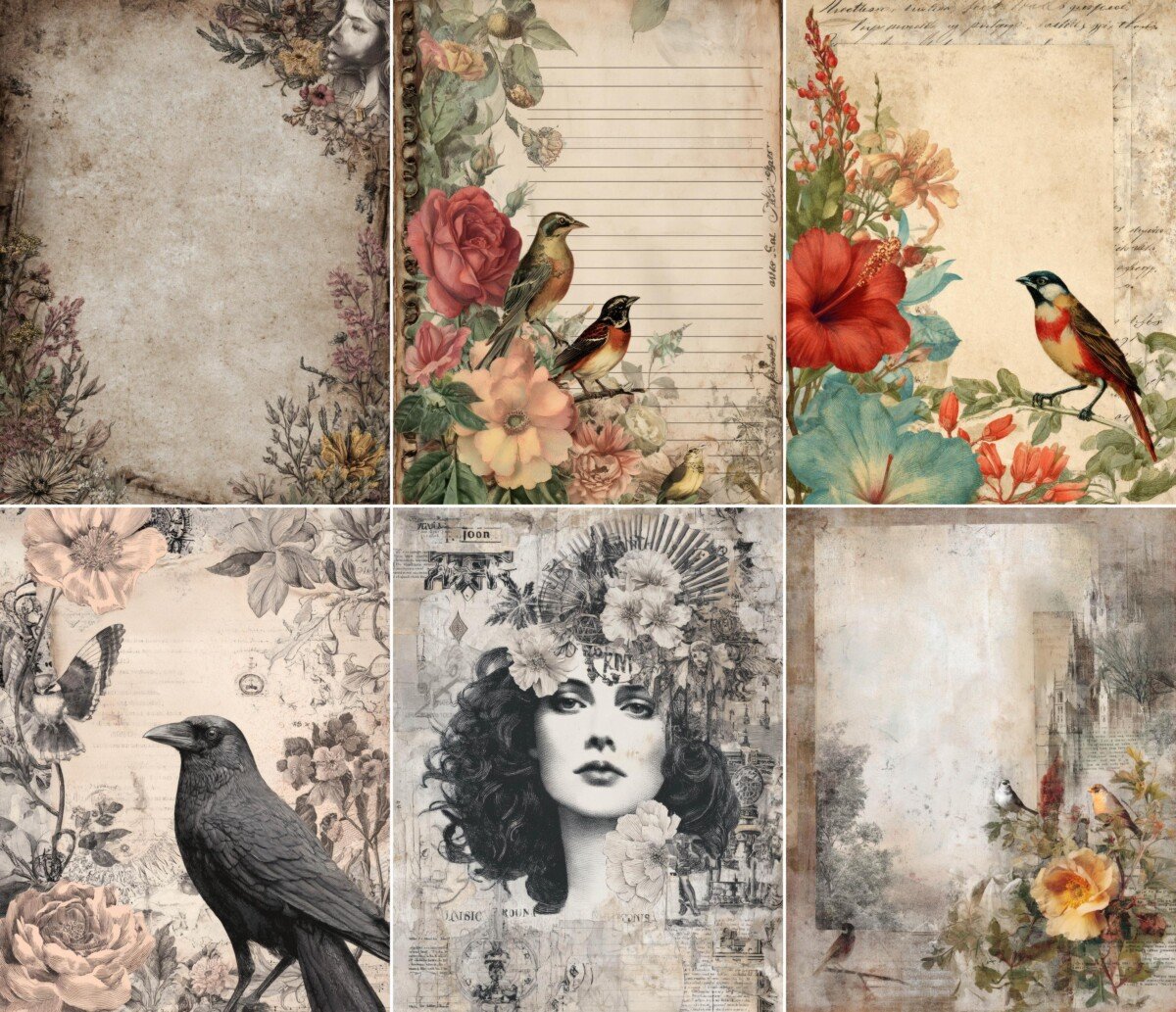 Vintage bird and floral collage scrapbook paper collection – preview 5