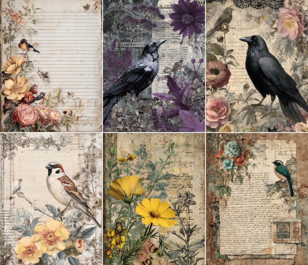 Crow junk journal pages with vintage birds, flowers and aged collage backgrounds