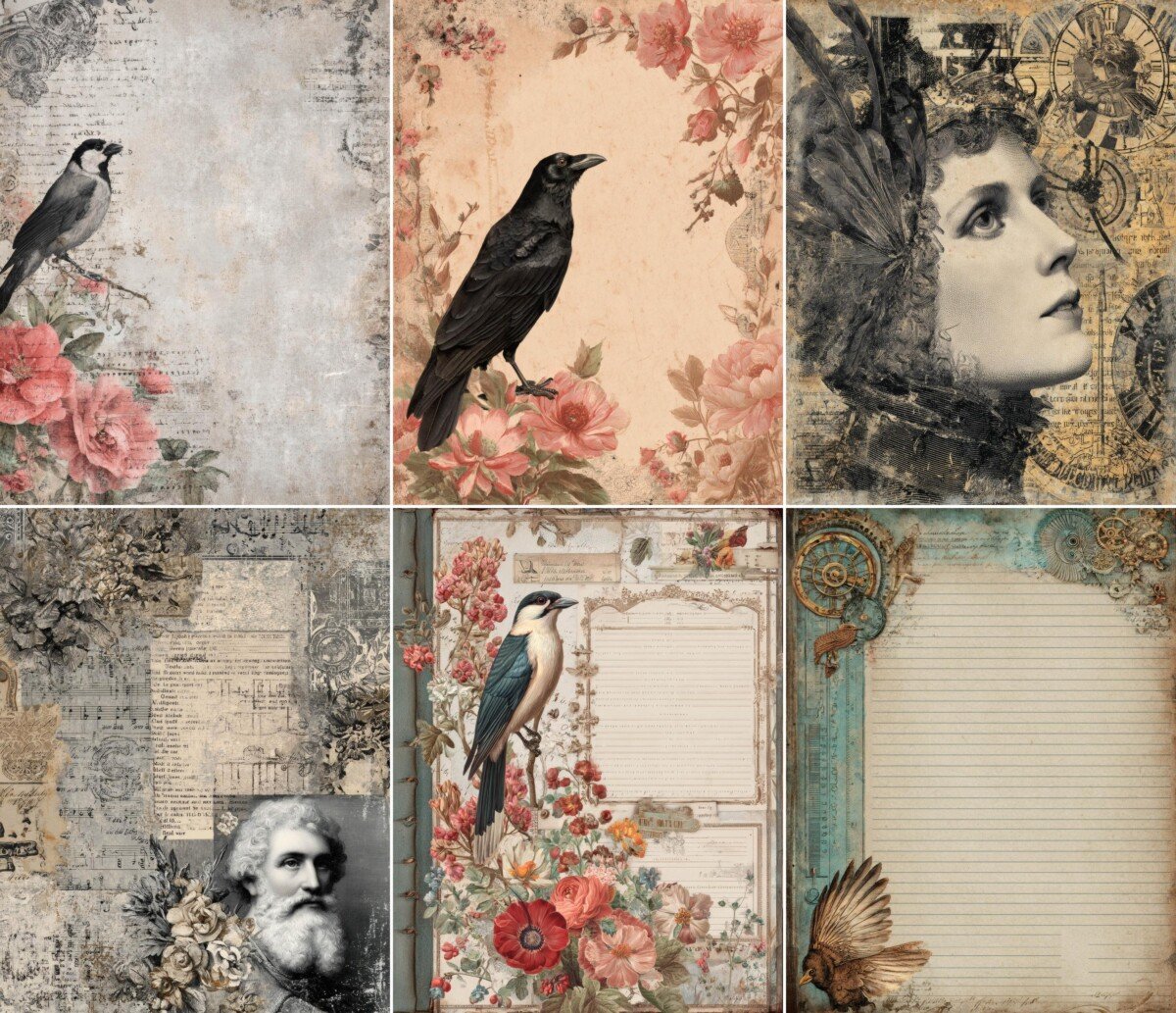 Vintage bird and floral collage scrapbook paper collection – preview 6
