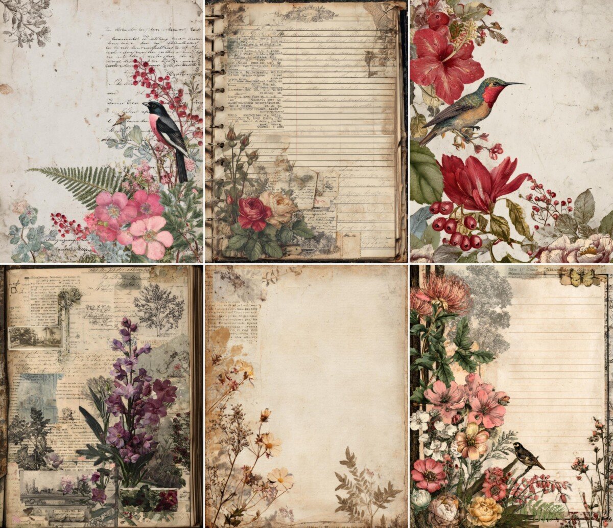Vintage bird and floral collage scrapbook paper collection – preview 9