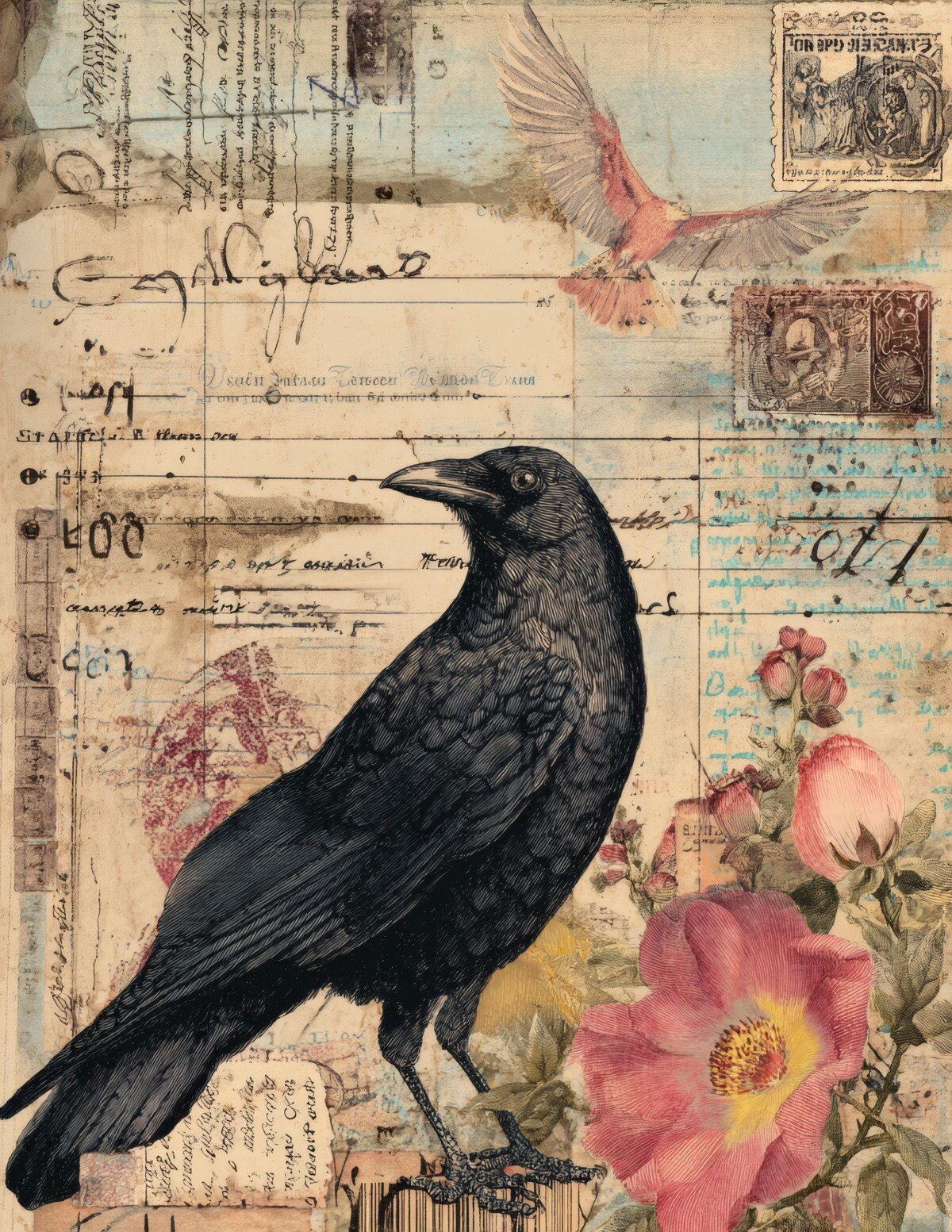 Vintage bird and floral collage scrapbook paper collection – preview 10