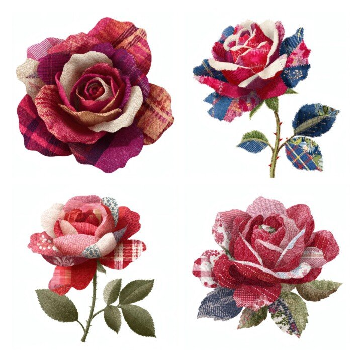 patchwork – 52 Patchwork Rose Quilted Floral Fabric Clipart Cutouts