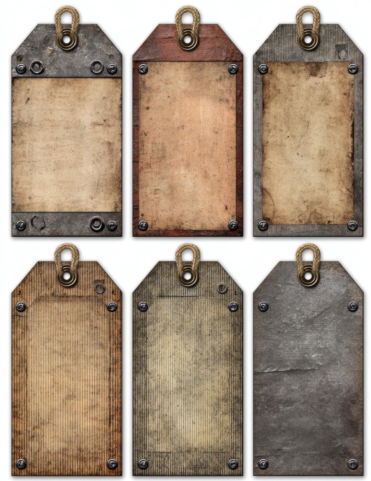 Rectangular industrial labels with distressed brown borders and rivet details