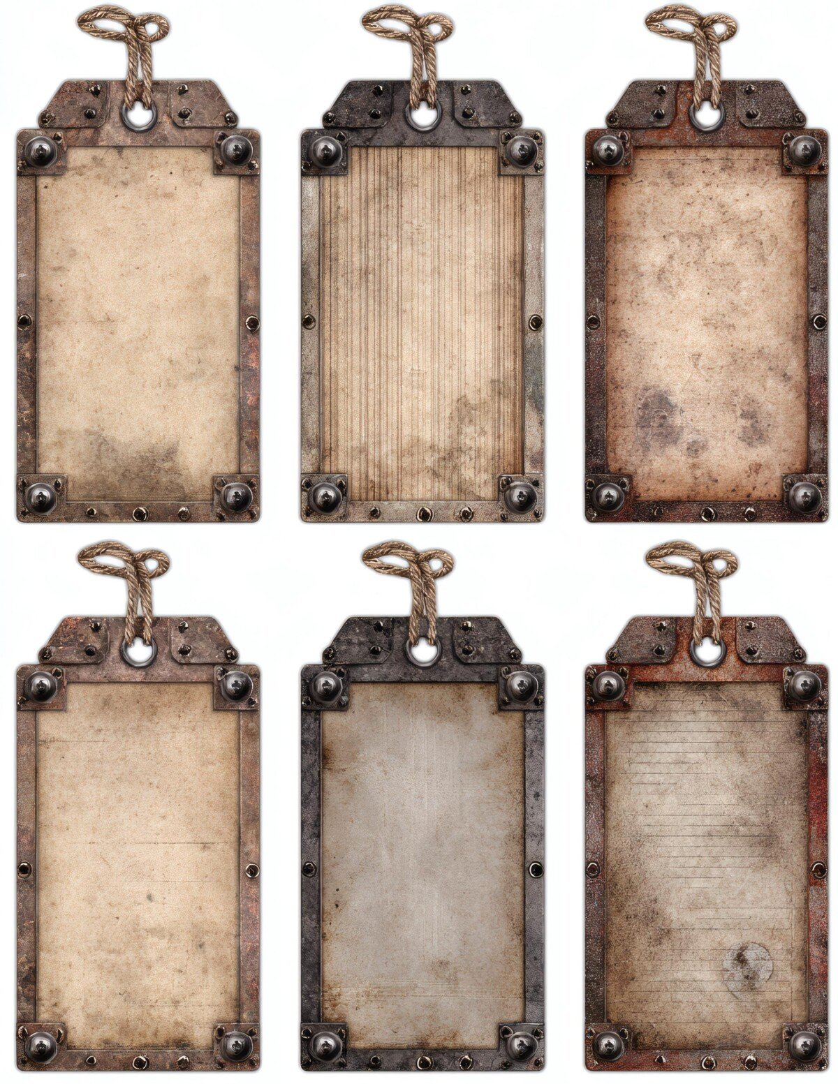 Dark framed parchment labels with weathered brown and charcoal borders