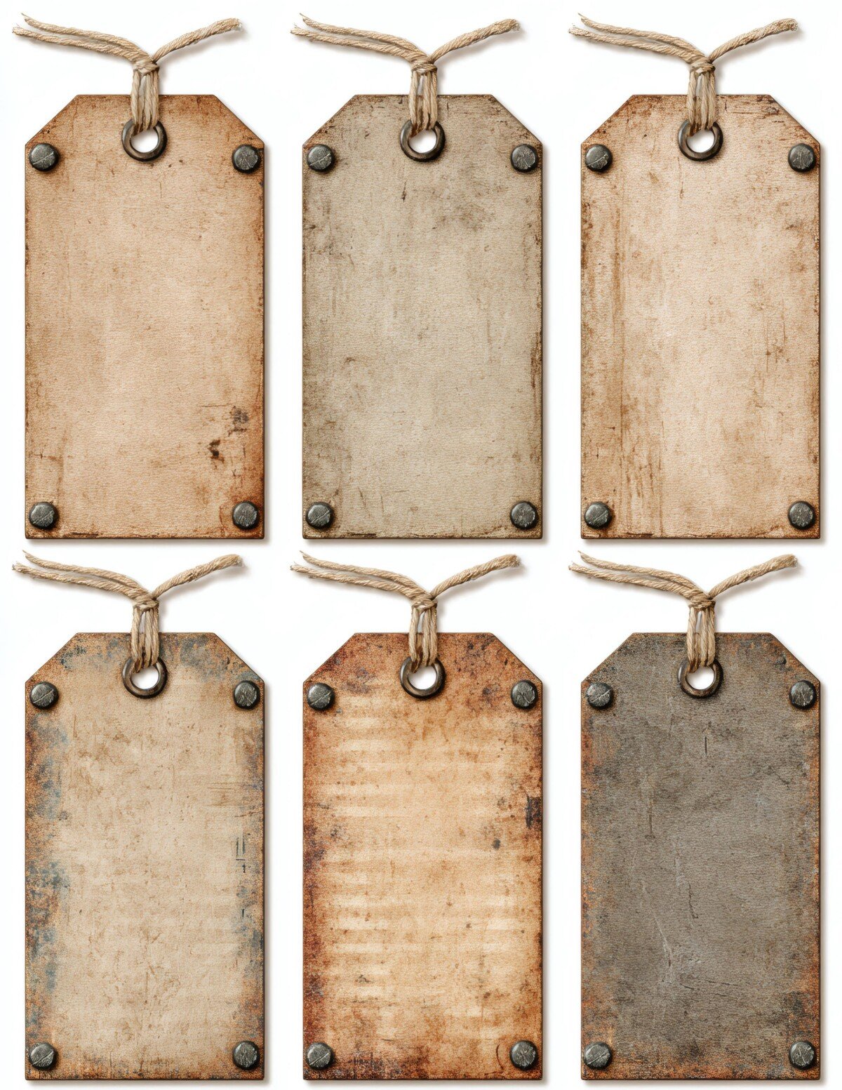 Cream industrial tags with riveted corners and illustrated tied strings