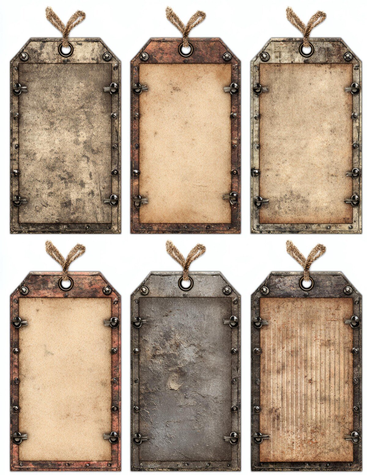 Grunge label sheets with aged parchment centers and dark worn corners
