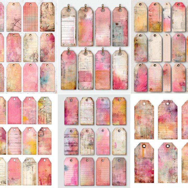 pink – 200+ Pink Mixed Media Tags, Shabby Chic Junk Journal Ephemera, Vintage Ledger Scrapbook Collage Kit, Digital Download