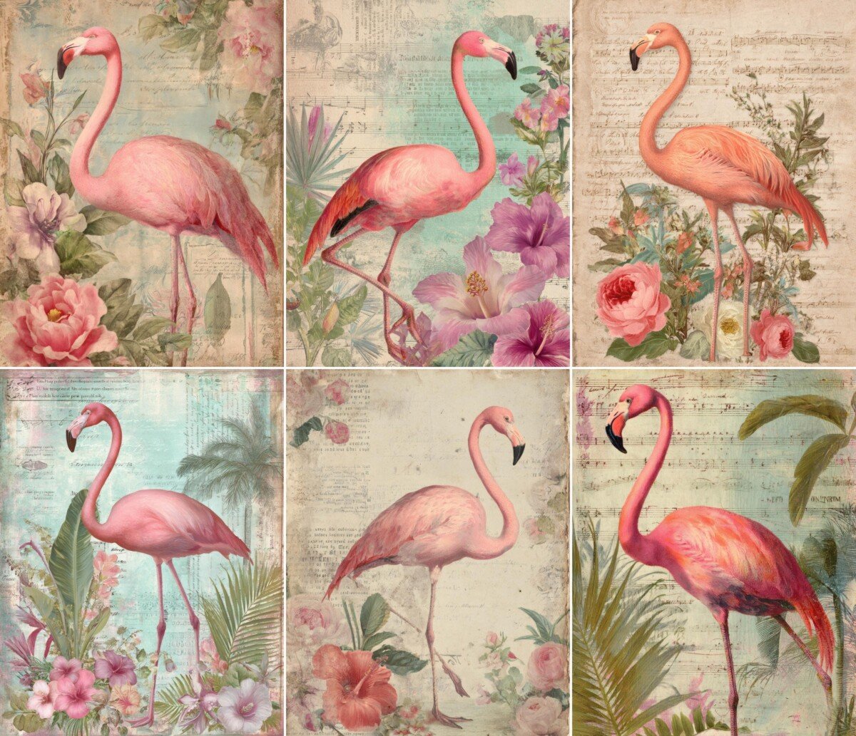 Pink flamingo digital paper with tropical flowers, foliage and vintage script
