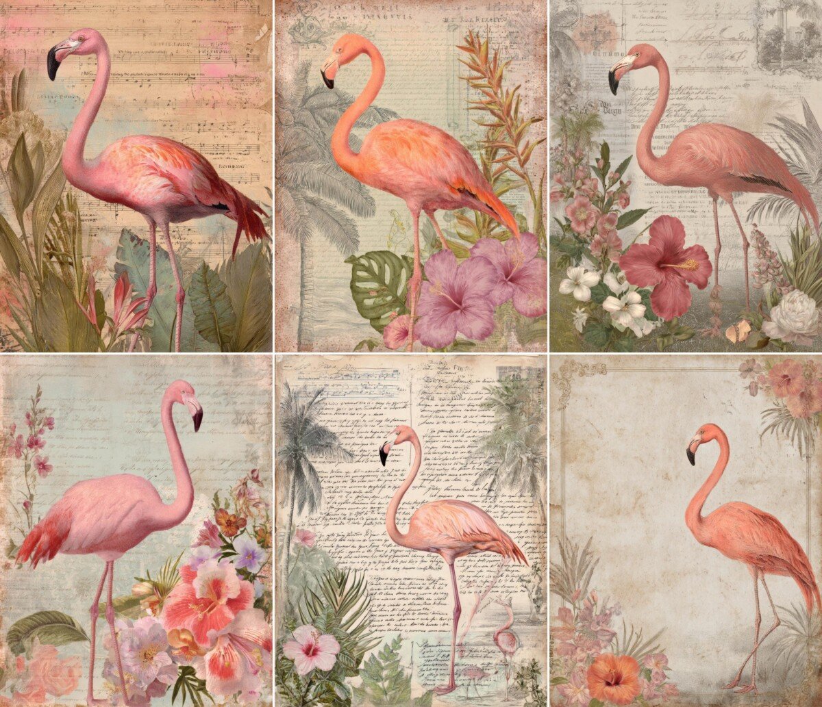 Pink flamingo digital paper with tropical flowers, foliage and vintage script