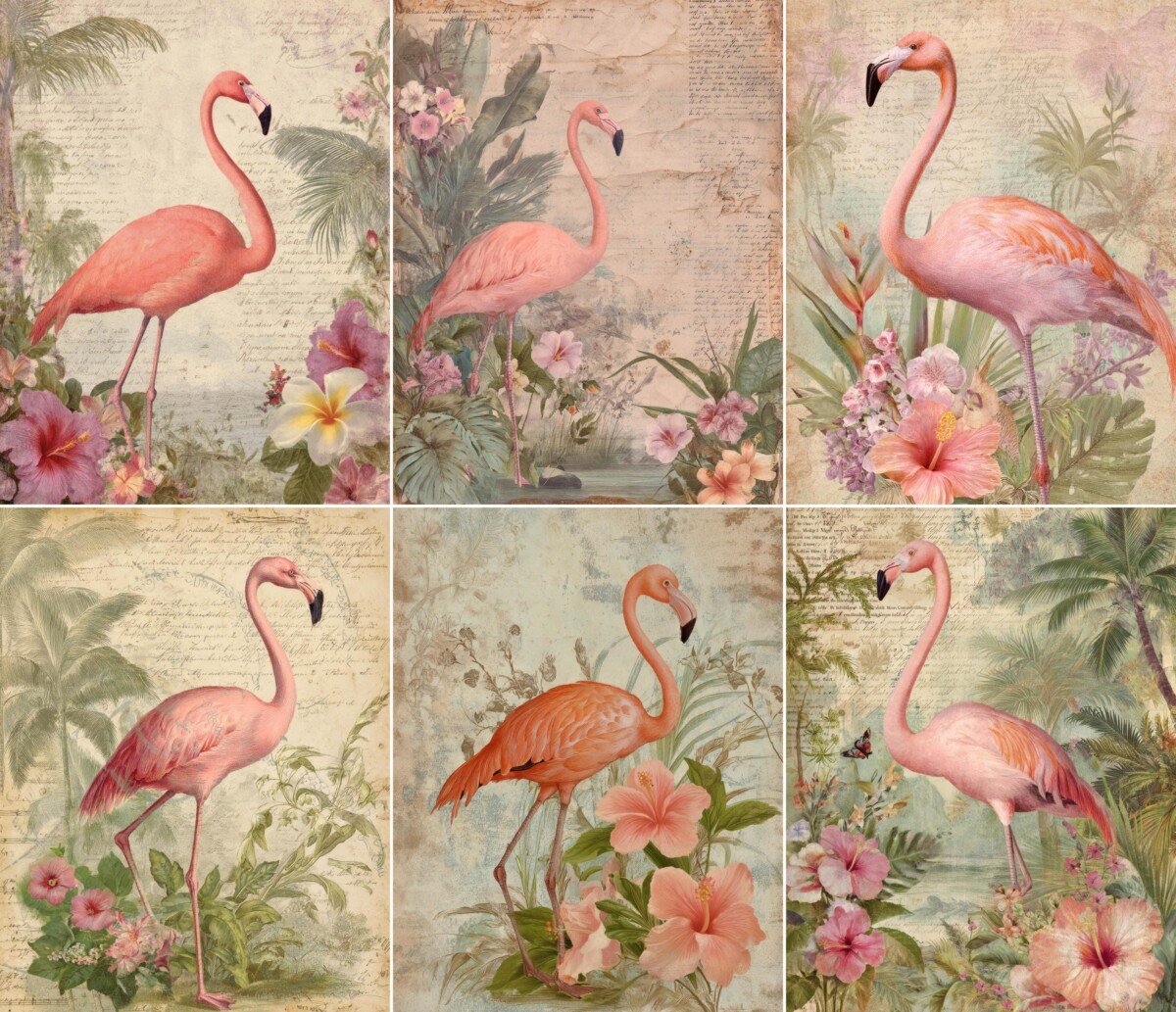 Pink flamingo digital paper with tropical flowers, foliage and vintage script