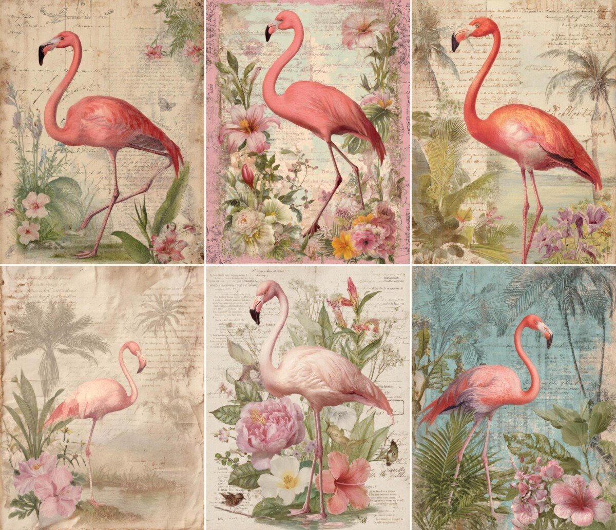 Pink flamingo digital paper with tropical flowers, foliage and vintage script