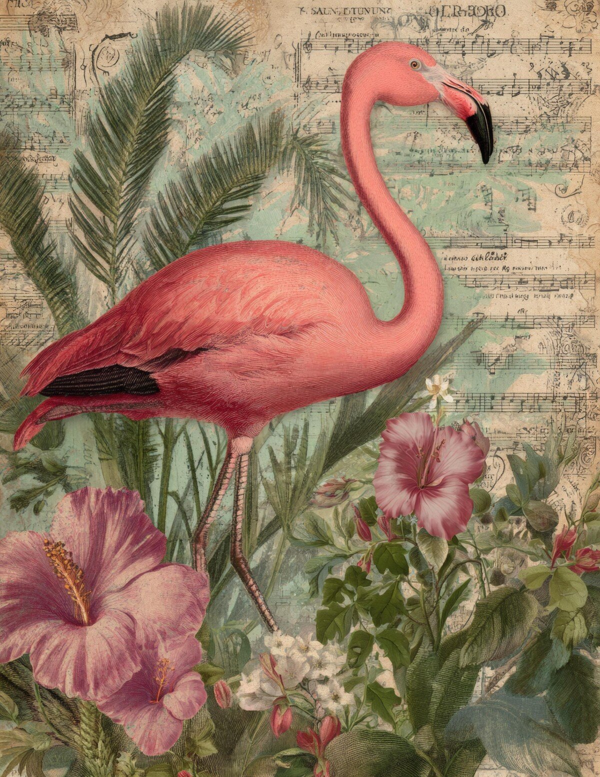 Pink flamingo digital paper with tropical flowers, foliage and vintage script