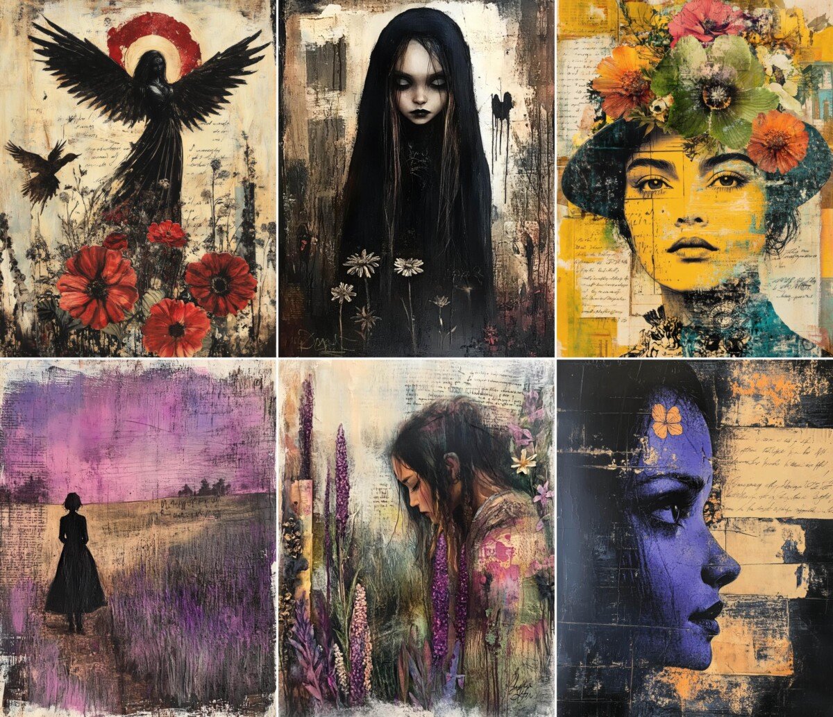 Winged figure and dark portrait collage with flowers and aged paper