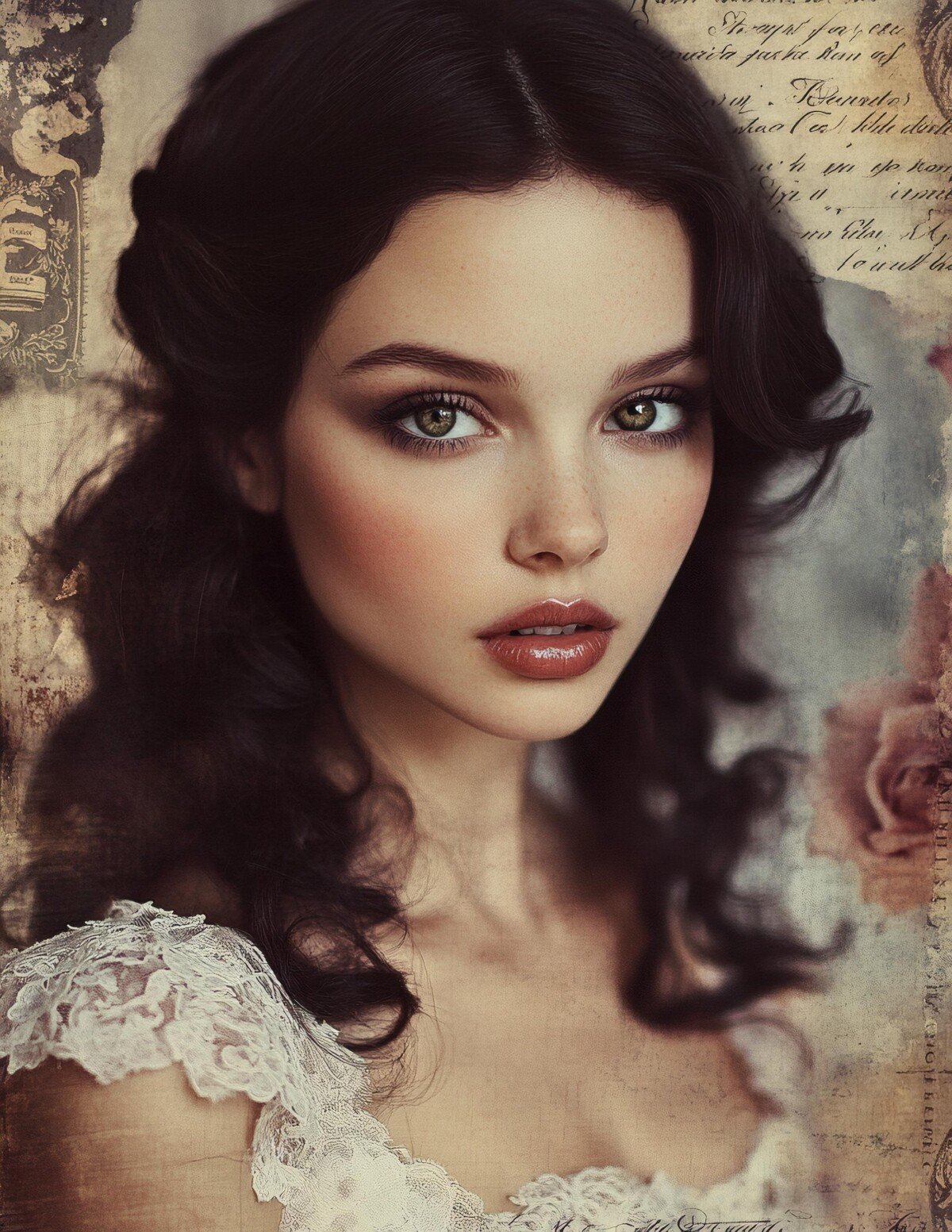 Vintage-style brunette portrait with red flowers and faded script