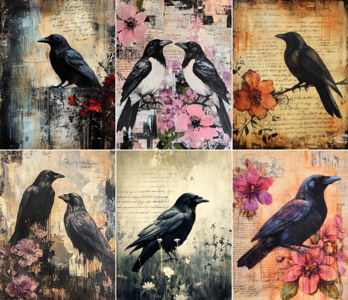 Raven illustrations on distressed floral journal paper, preview 8