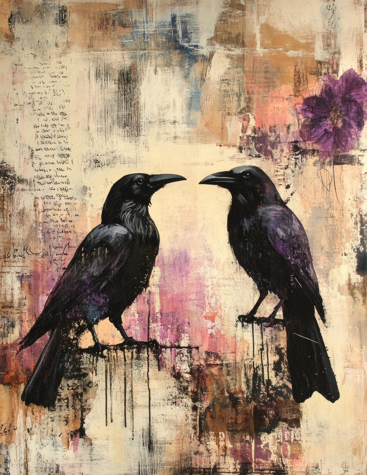 Raven illustrations on distressed floral journal paper, preview 10