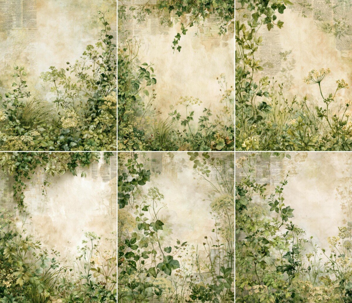 Soft woodland foliage and wildflowers around an aged cream journal background
