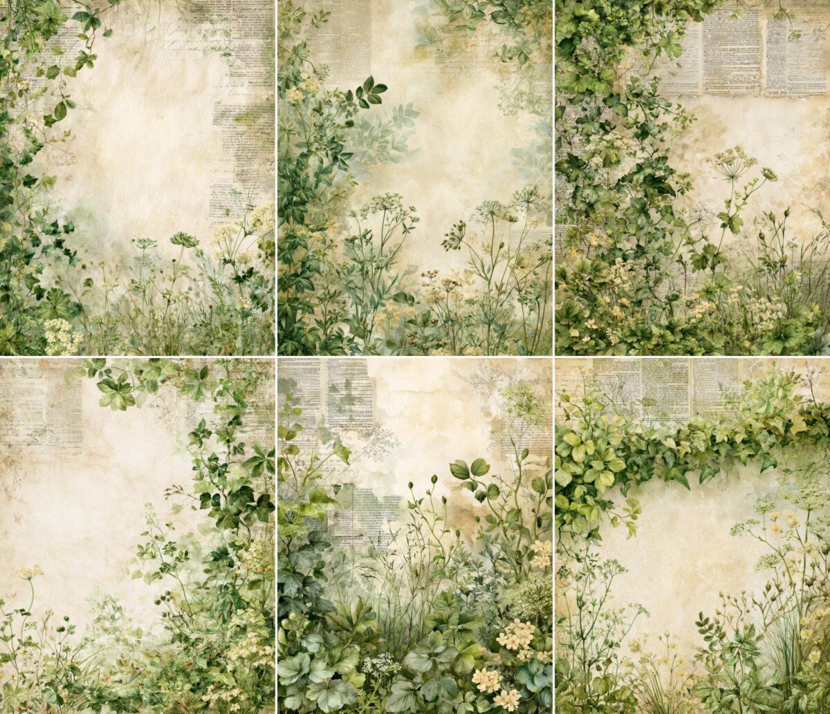 Soft woodland foliage and wildflowers around an aged cream journal background