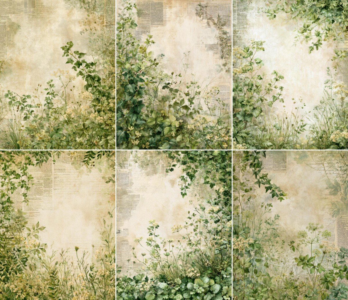 Soft woodland foliage and wildflowers around an aged cream journal background