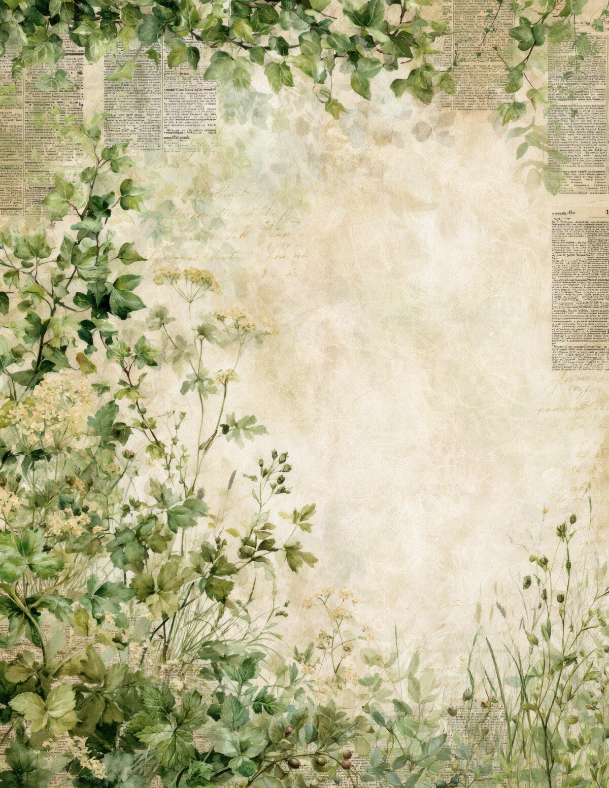 Soft woodland foliage and wildflowers around an aged cream journal background