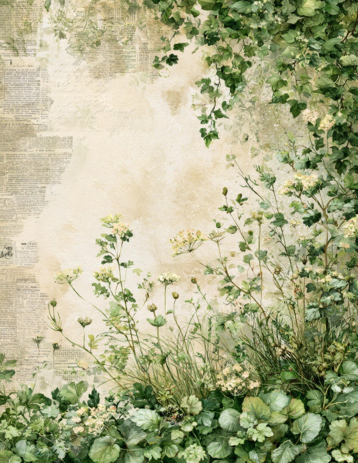 Soft woodland foliage and wildflowers around an aged cream journal background