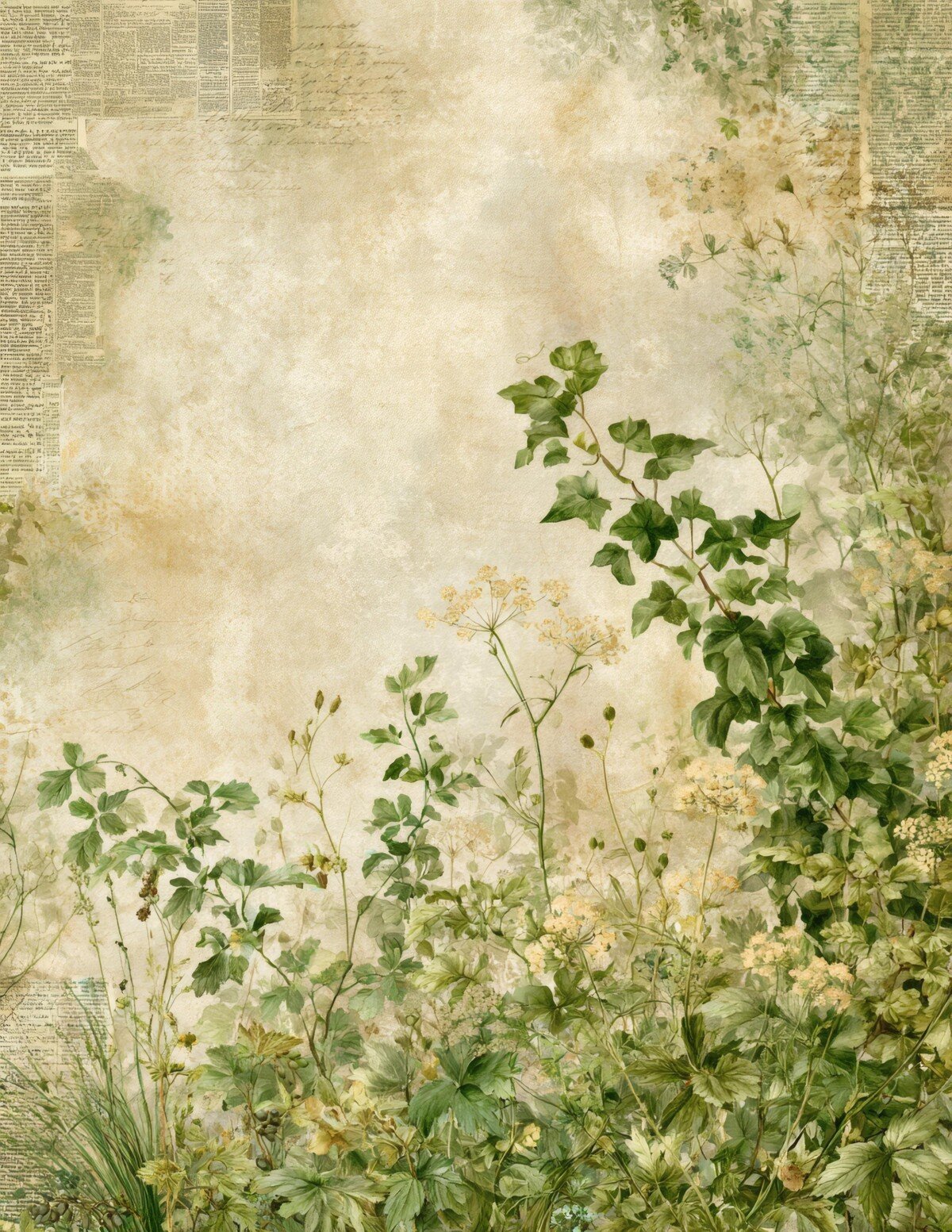 Soft woodland foliage and wildflowers around an aged cream journal background
